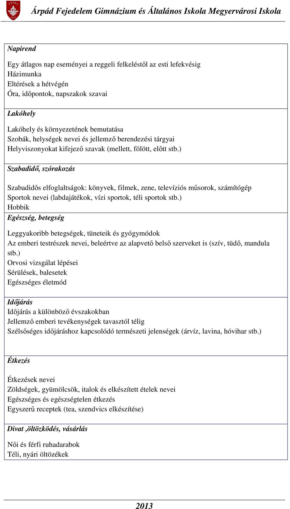 ) Szabadidő, szórakozás Szabadidős elfoglaltságok: könyvek, filmek, zene, televíziós műsorok, számítógép Sportok nevei (labdajátékok, vízi sportok, téli sportok stb.