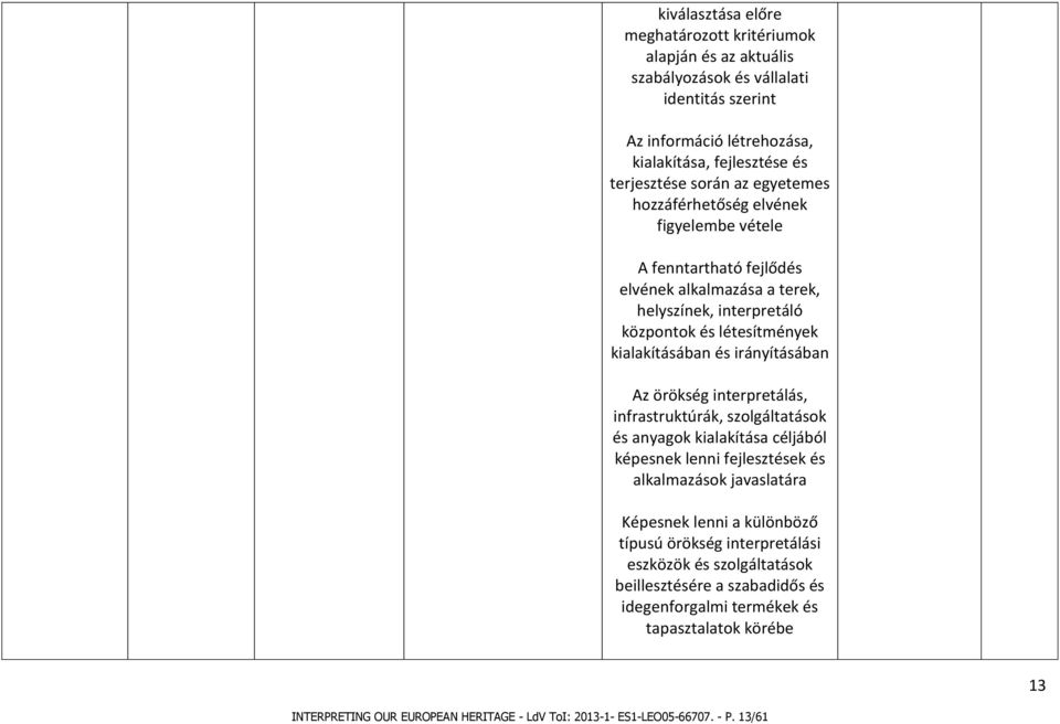 örökség interpretálás, infrastruktúrák, szolgáltatások és anyagok kialakítása céljából képesnek lenni fejlesztések és alkalmazások javaslatára Képesnek lenni a különböző típusú örökség