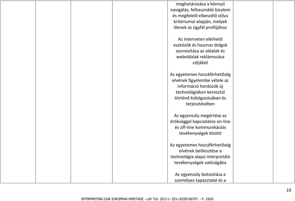 kidolgozásában és terjesztésében Az egyensúly megértése az örökséggel kapcsolatos on-line és off-line kommunikációs tevékenységek között Az egyetemes hozzáférhetőség elvének beillesztése