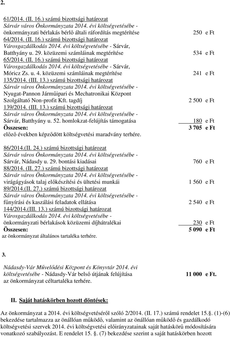 közüzemi számláinak megtérítése 135/2014. (III. 13.) számú bizottsági határozat Sárvár város Önkormányzata 2014.