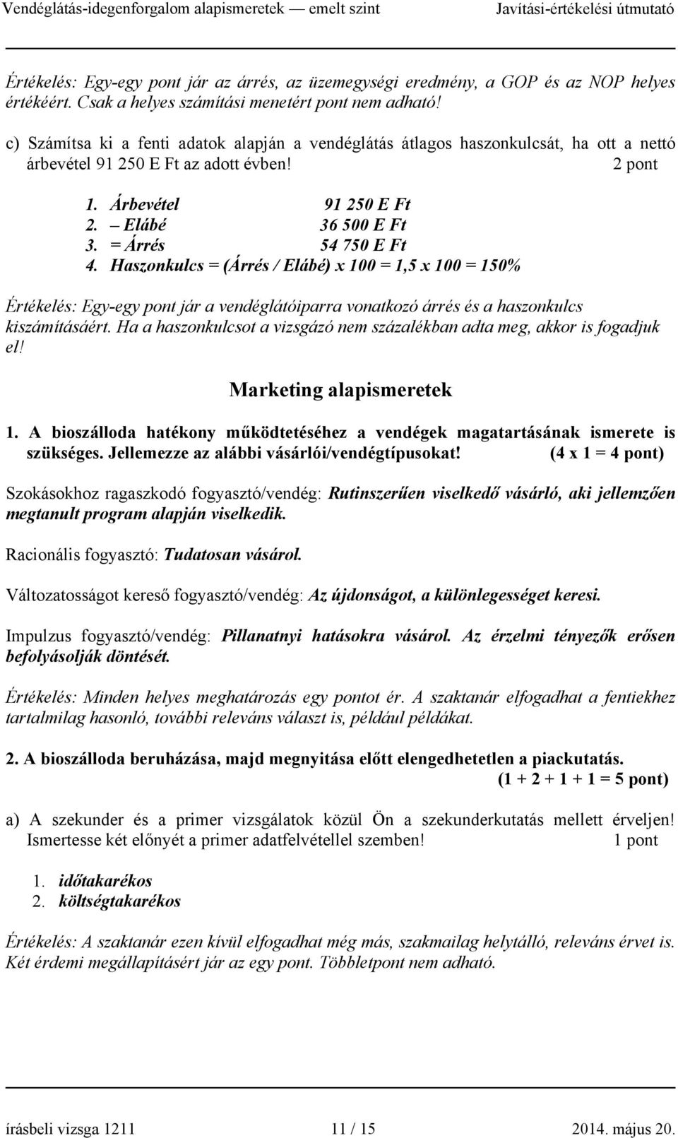 = Árrés 54 750 E Ft 4. Haszonkulcs = (Árrés / Elábé) x 100 = 1,5 x 100 = 150% Értékelés: Egy-egy pont jár a vendéglátóiparra vonatkozó árrés és a haszonkulcs kiszámításáért.