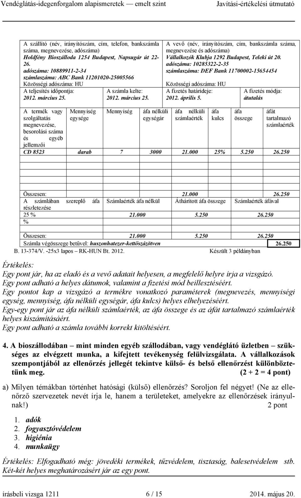 A számla kelte: 2012. március 25. A vevő (név, irányítószám, cím, bankszámla száma, megnevezése és adószáma) Vállalkozók Klubja 1292 Budapest, Teleki út 20.