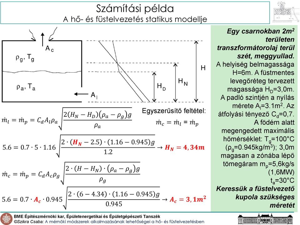 945 Egyszerűsítő feltétel: m c = m l = m p H N = 4, 34m A c = 3, 1m 2 Egy csarnokban 2m 2 területen transzformátorolaj terül szét, meggyullad. A helyiség belmagassága H=6m.