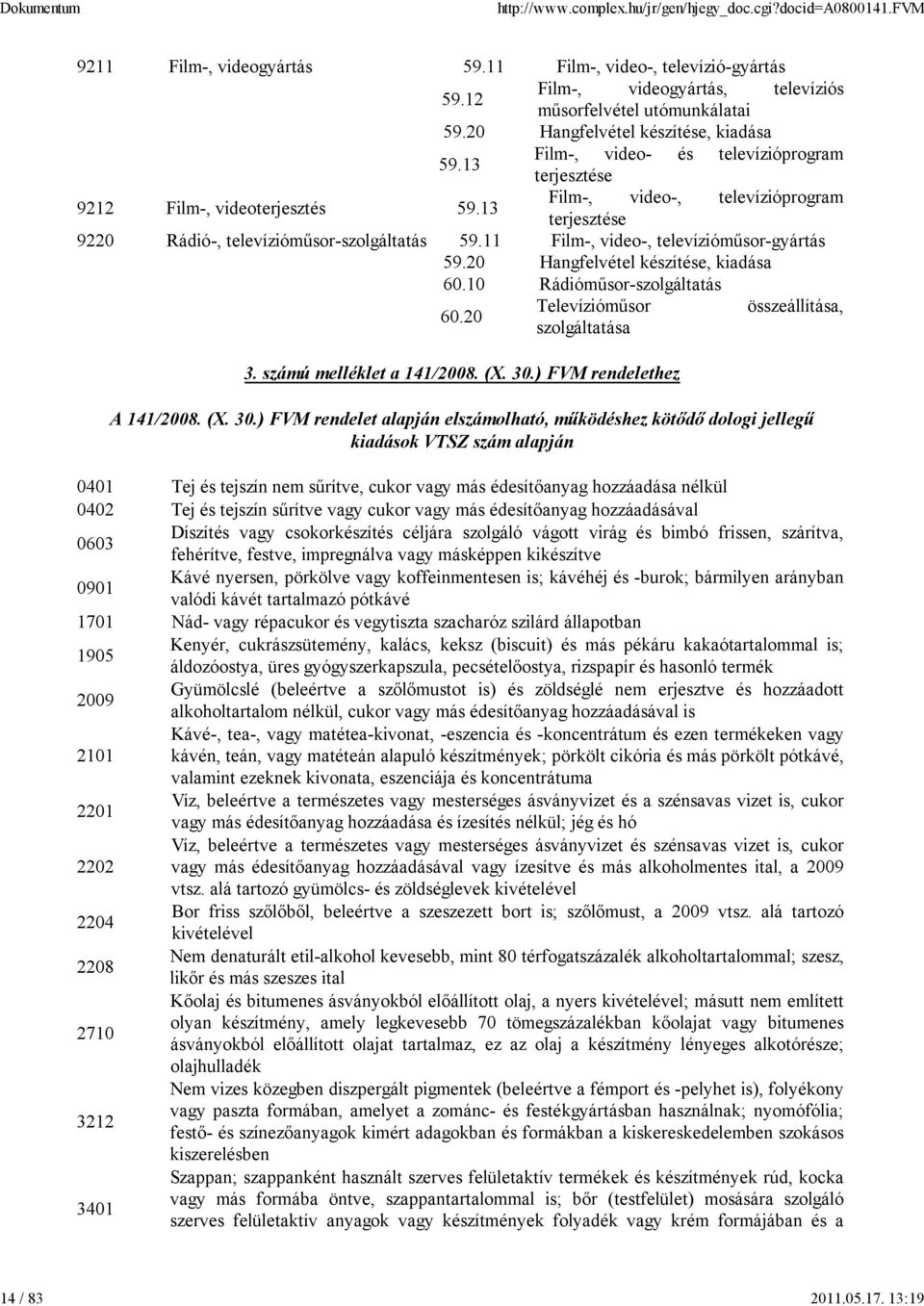 11 Film-, video-, televízióműsor-gyártás 59.20 Hangfelvétel készítése, kiadása 60.10 Rádióműsor-szolgáltatás 60.20 3. számú melléklet a 141/2008. (X. 30.