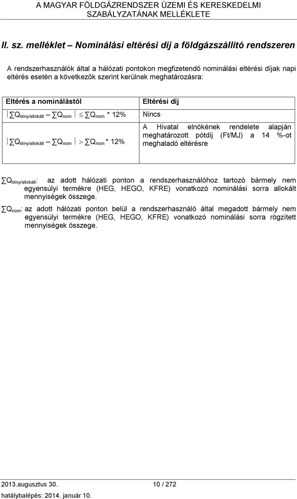 meghatározásra: Eltérés a nominálástól Q tény/allokált Q nom Q nom * 12% Q tény/allokált Q nom Q nom * 12% Eltérési díj Nincs A Hivatal elnökének rendelete alapján meghatározott pótdíj (Ft/MJ) a 14