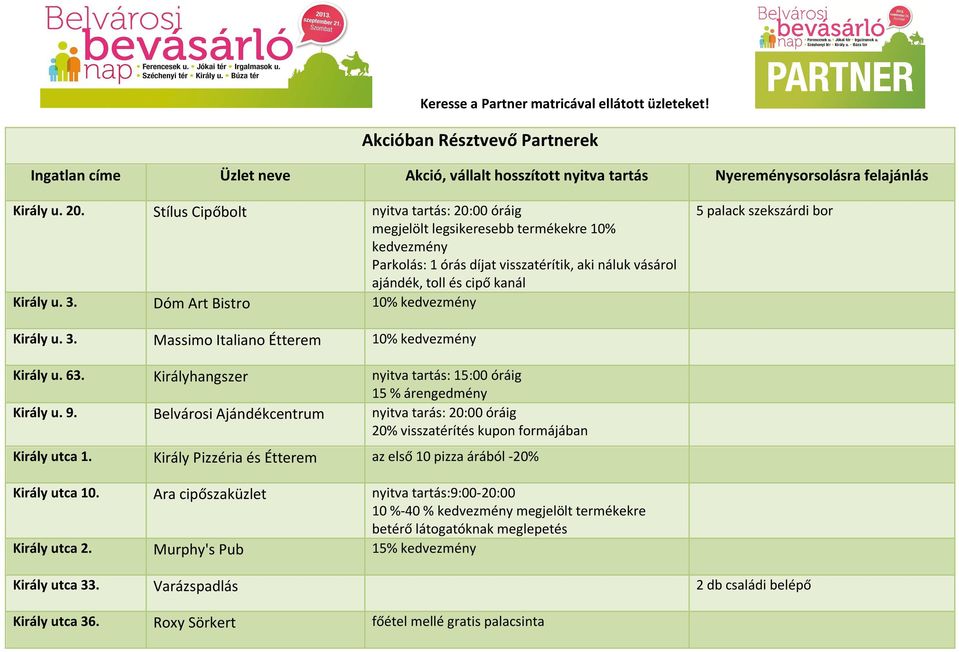 Dóm Art Bistro 10% kedvezmény 5 palack szekszárdi bor Király u. 3. Massimo Italiano Étterem 10% kedvezmény Király u. 63. Királyhangszer nyitva tartás: 15:00 óráig 15 % árengedmény Király u. 9.