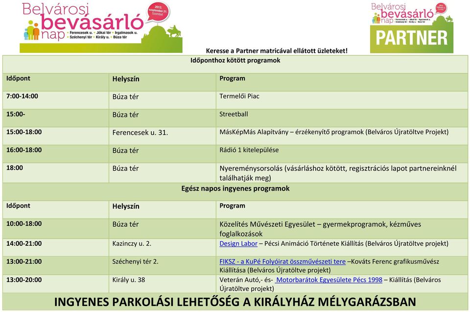 partnereinknél találhatják meg) Egész napos ingyenes programok Időpont Helyszín Program 10:00-18:00 Búza tér Közelítés Művészeti Egyesület gyermekprogramok, kézműves foglalkozások 14:00-21:00