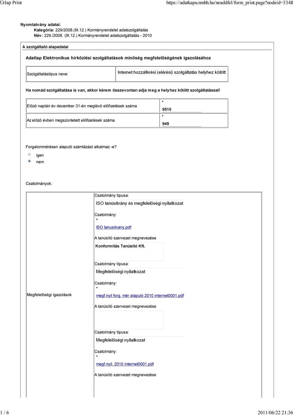 ) Kormányrendelet adatszolgáltatás - 2010 A szolgáltató alapadatai Adatlap Elektronikus hírközlési szolgáltatások minőség megfelelőségének igazolásához Szolgáltatástípus neve: Ha nomád szolgáltatása