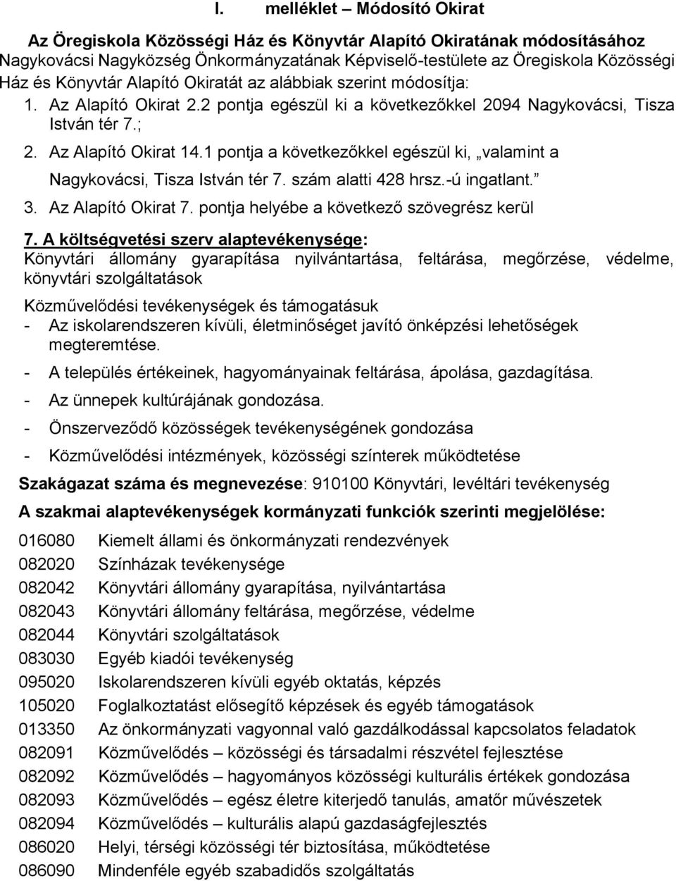 szám alatti 428 hrsz.-ú ingatlant. 3. Az Alapító Okirat 7. pontja helyébe a következő szövegrész kerül 7.