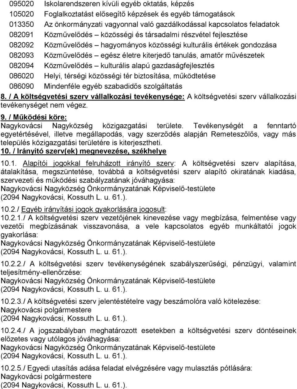 082094 Közművelődés kulturális alapú gazdaságfejlesztés 086020 Helyi, térségi közösségi tér biztosítása, működtetése 086090 Mindenféle egyéb szabadidős szolgáltatás 8.