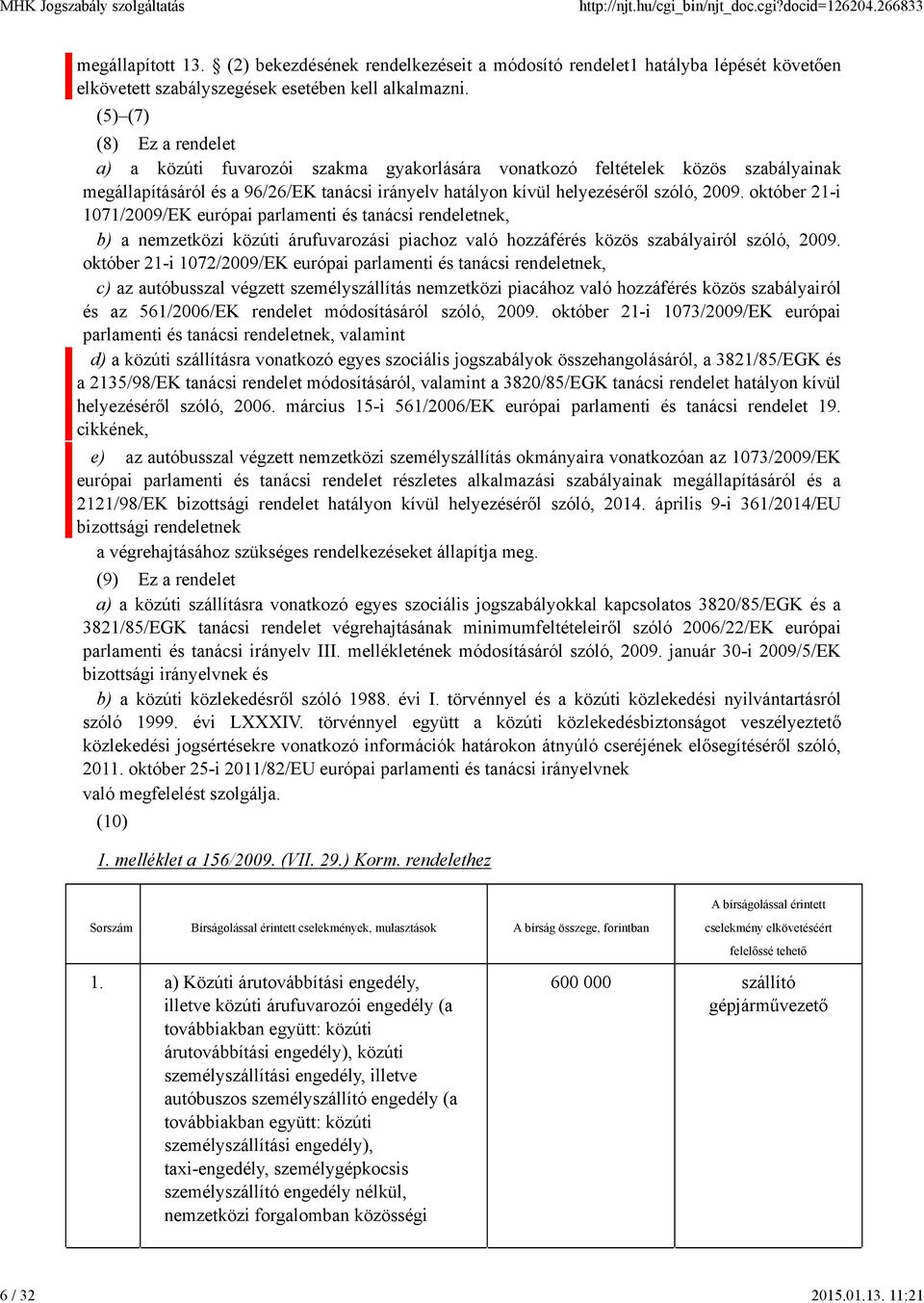 október 21-i 1071/2009/EK európai parlamenti és tanácsi rendeletnek, b) a nemzetközi közúti árufuvarozási piachoz való hozzáférés közös szabályairól szóló, 2009.