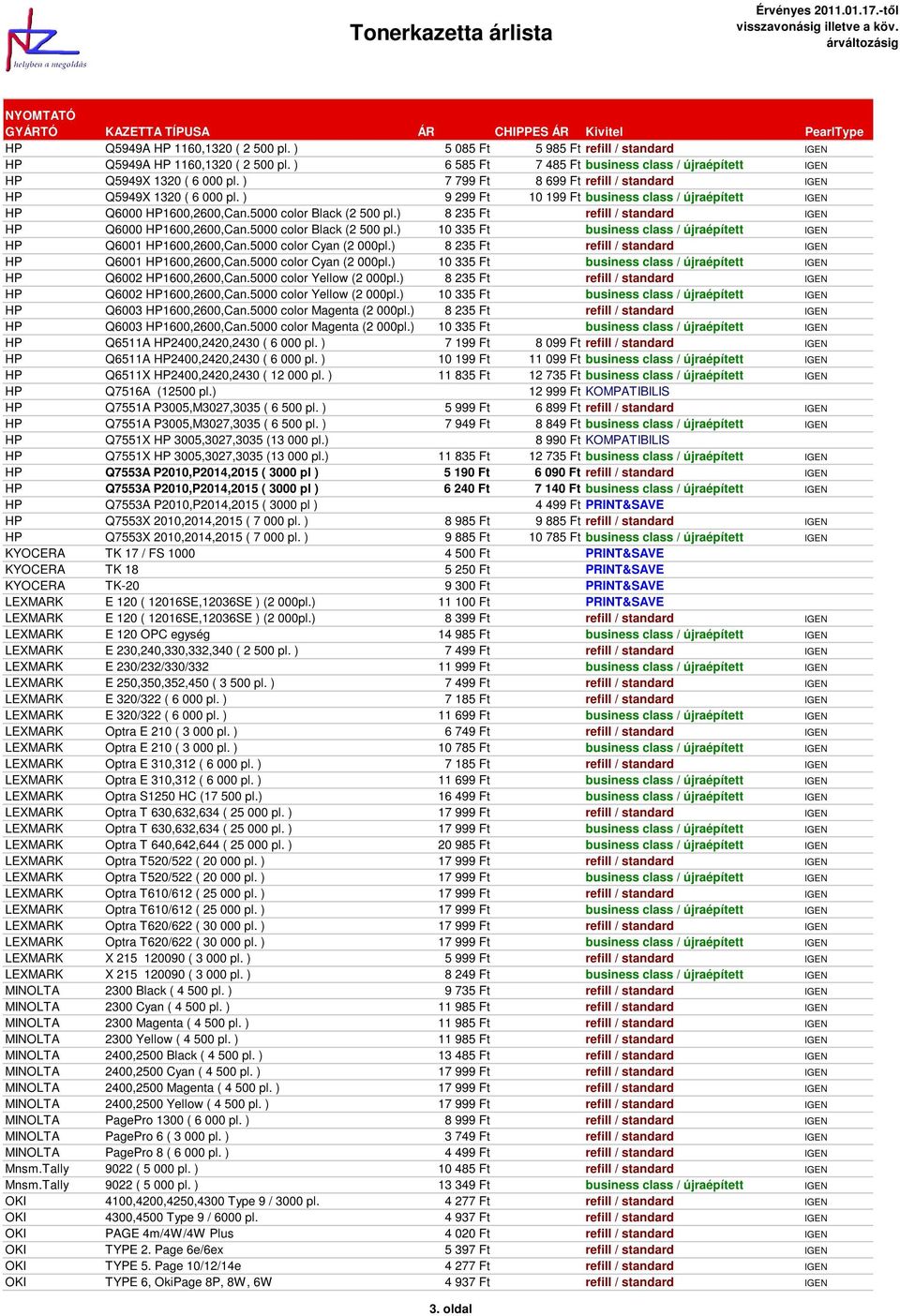 ) 8 235 Ft refill / standard IGEN HP Q6000 HP1600,2600,Can.5000 color Black (2 500 pl.) 10 335 Ft business class / újraépített IGEN HP Q6001 HP1600,2600,Can.5000 color Cyan (2 000pl.