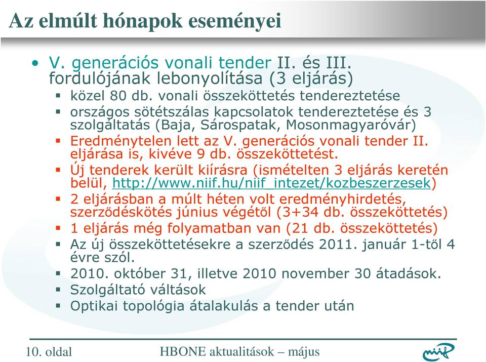 eljárása is, kivéve 9 db. összeköttetést. Új tenderek került kiírásra (ismételten 3 eljárás keretén belül, http://www.niif.