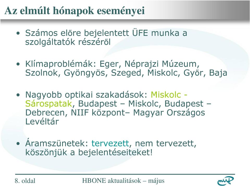 optikai szakadások: Miskolc - Sárospatak, Budapest Miskolc, Budapest Debrecen, NIIF központ Magyar