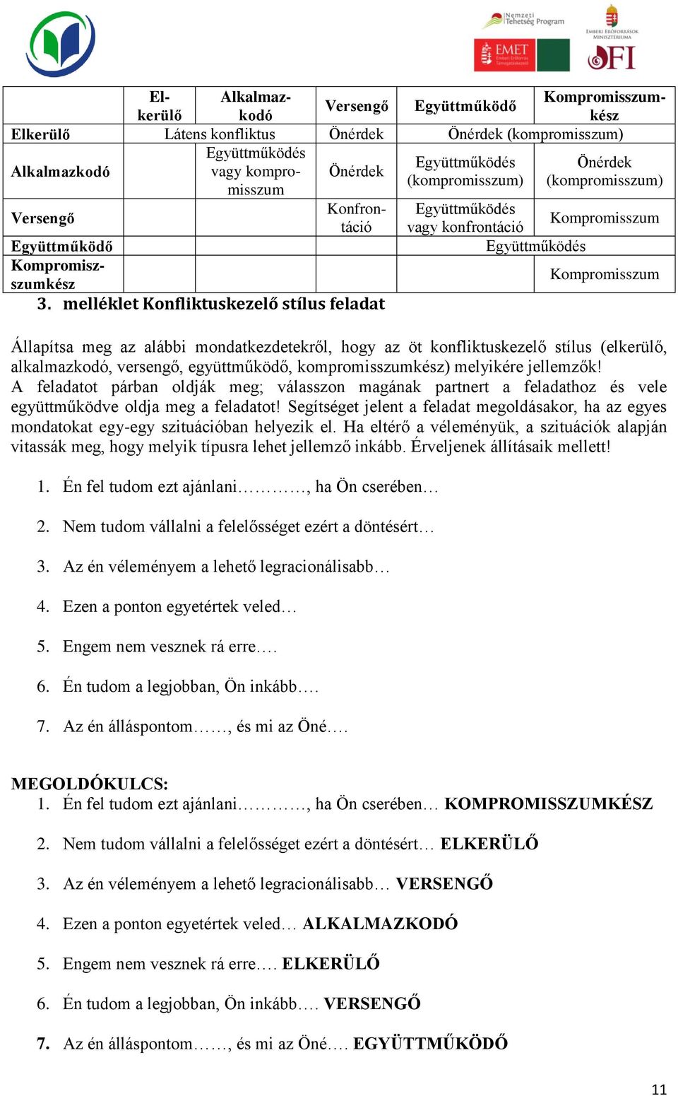 melléklet Konfliktuskezelő stílus feladat Állapítsa meg az alábbi mondatkezdetekről, hogy az öt konfliktuskezelő stílus (elkerülő, alkalmazkodó, versengő, együttműködő, kompromisszumkész) melyikére