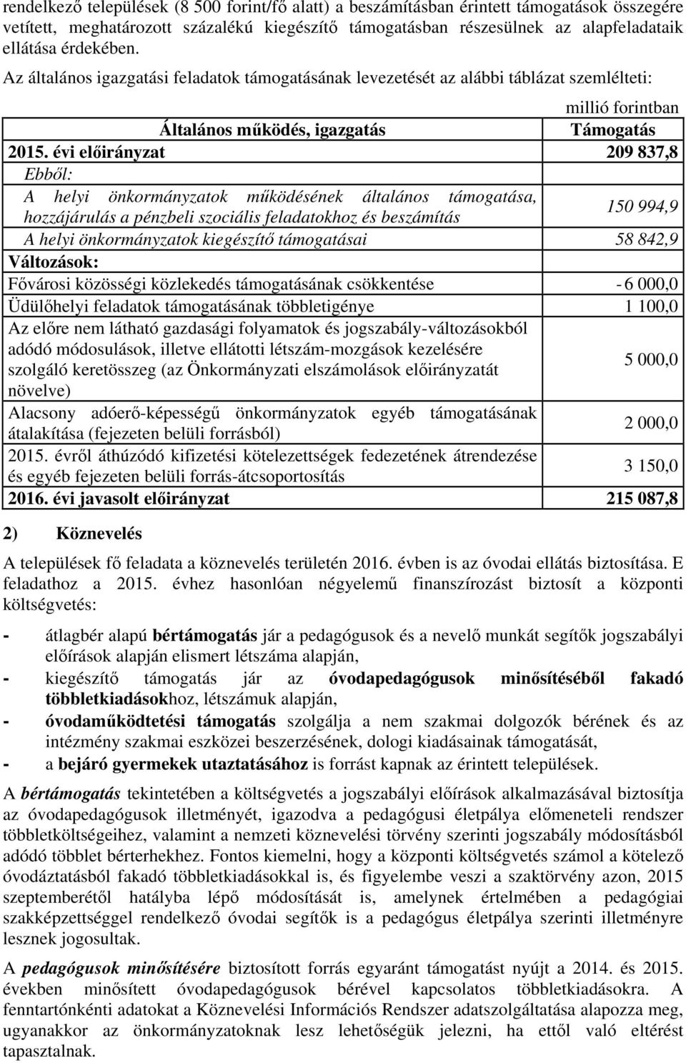 évi előirányzat 209 837,8 Ebből: A helyi önkormányzatok működésének általános támogatása, hozzájárulás a pénzbeli szociális feladatokhoz és beszámítás 150 994,9 A helyi önkormányzatok kiegészítő
