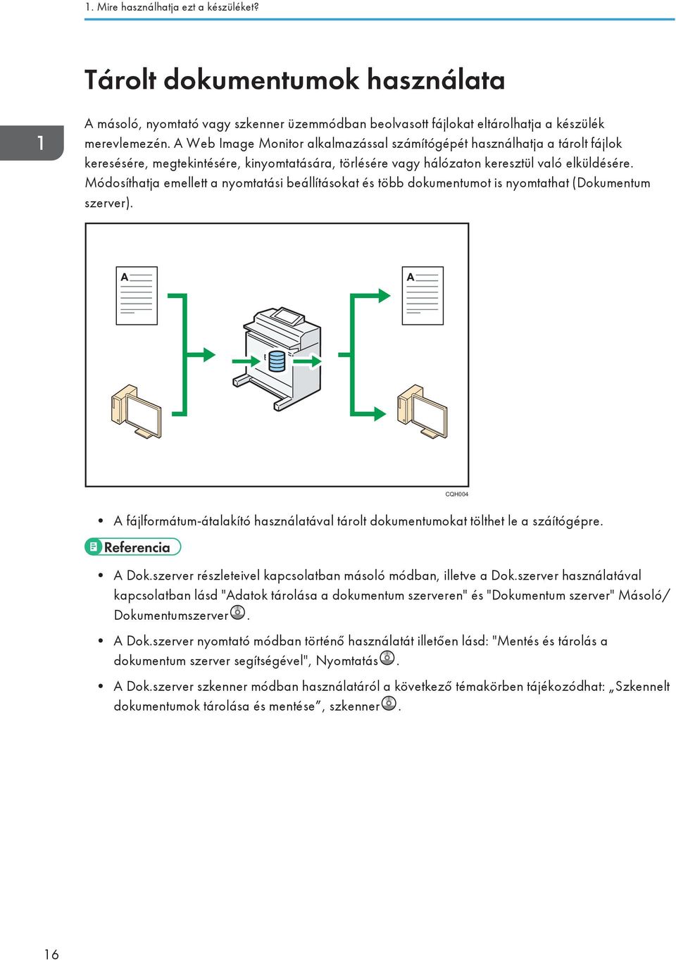 Módosíthatja emellett a nyomtatási beállításokat és több dokumentumot is nyomtathat (Dokumentum szerver). CQH004 A fájlformátum-átalakító használatával tárolt dokumentumokat tölthet le a száítógépre.