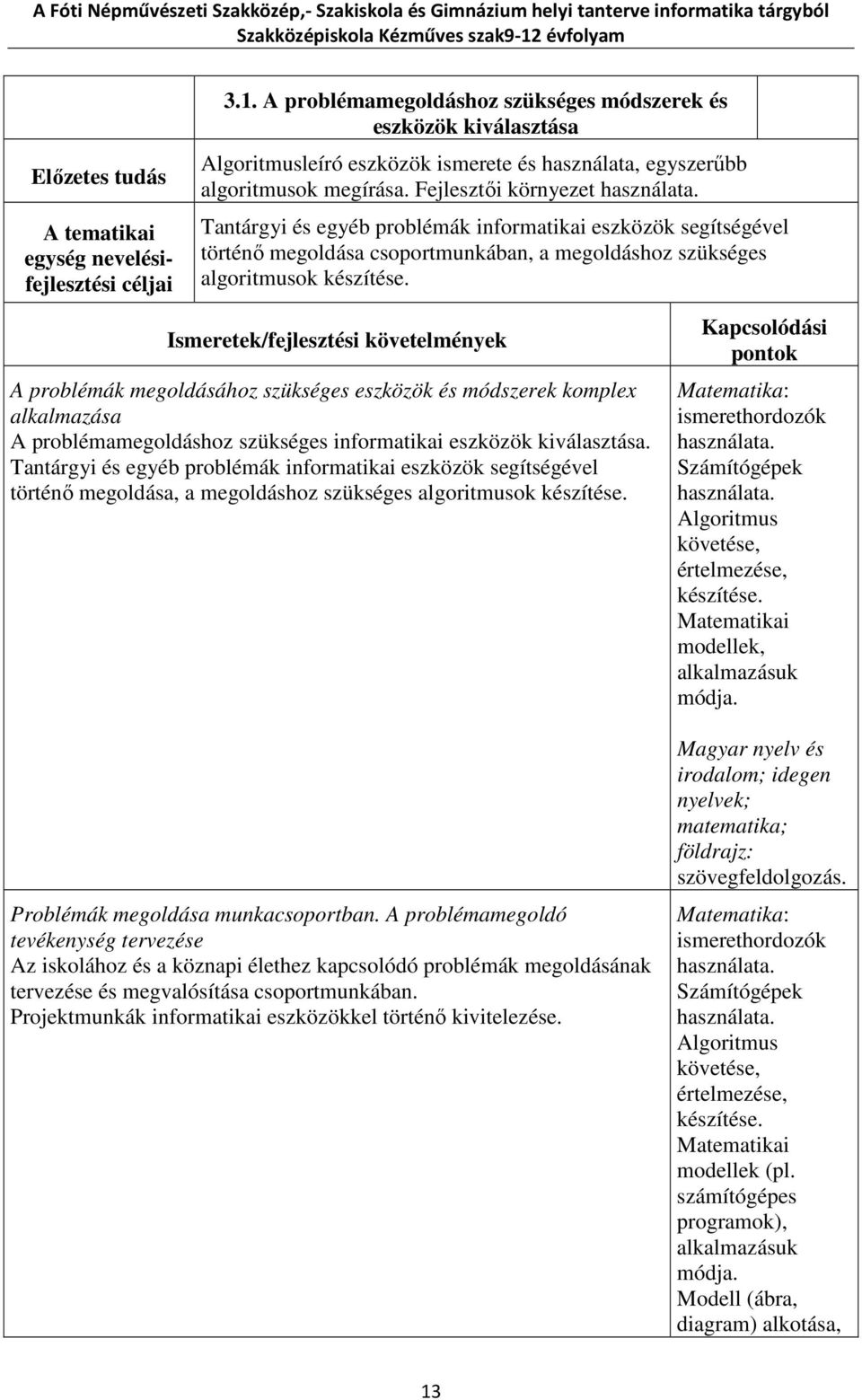 A problémák megoldásához szükséges eszközök és módszerek komplex alkalmazása A problémamegoldáshoz szükséges informatikai eszközök kiválasztása.