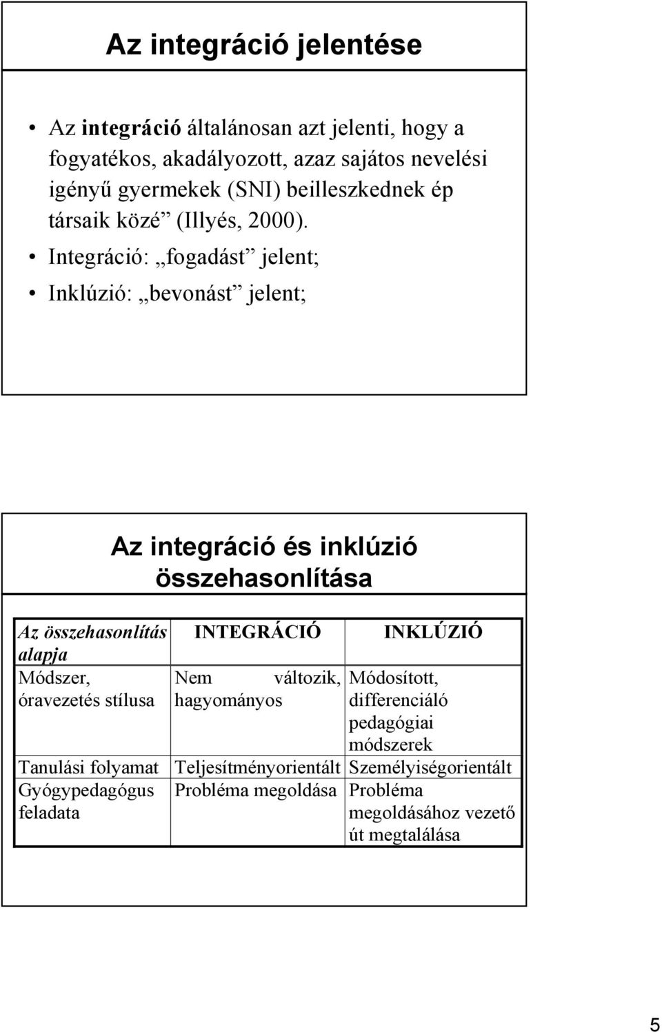 Integráció: fogadást jelent; Inklúzió: bevonást jelent; Az integráci ció és s inklúzi zió összehasonlításasa Az összehasonlítás I TEGRÁCIÓ alapja