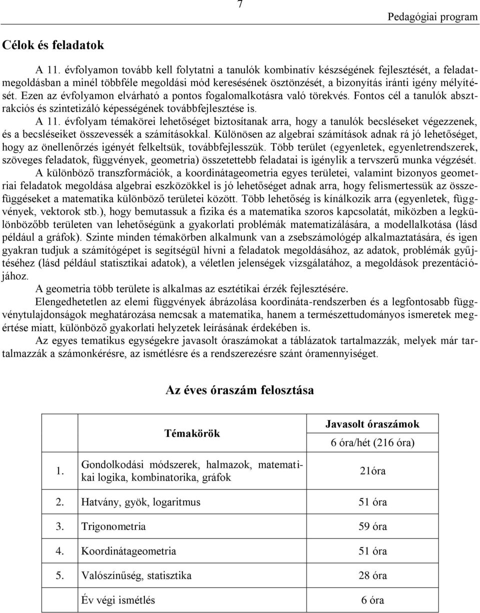 Ezen az évfolyamon elvárható a pontos fogalomalkotásra való törekvés. Fontos cél a tanulók absztrakciós és szintetizáló képességének továbbfejlesztése is. A 11.