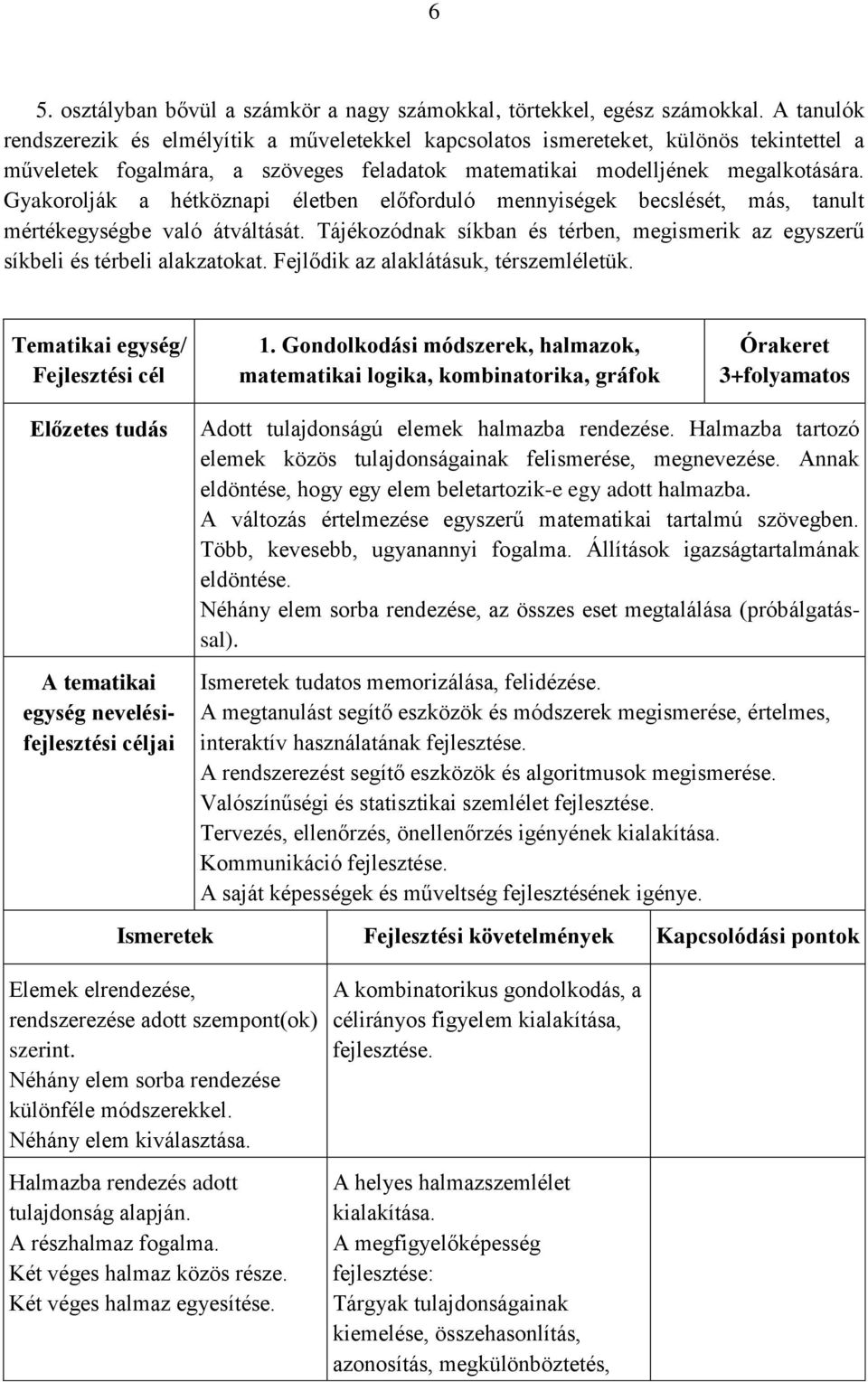 Gyakorolják a hétköznapi életben előforduló mennyiségek becslését, más, tanult mértékegységbe való átváltását. Tájékozódnak síkban és térben, megismerik az egyszerű síkbeli és térbeli alakzatokat.