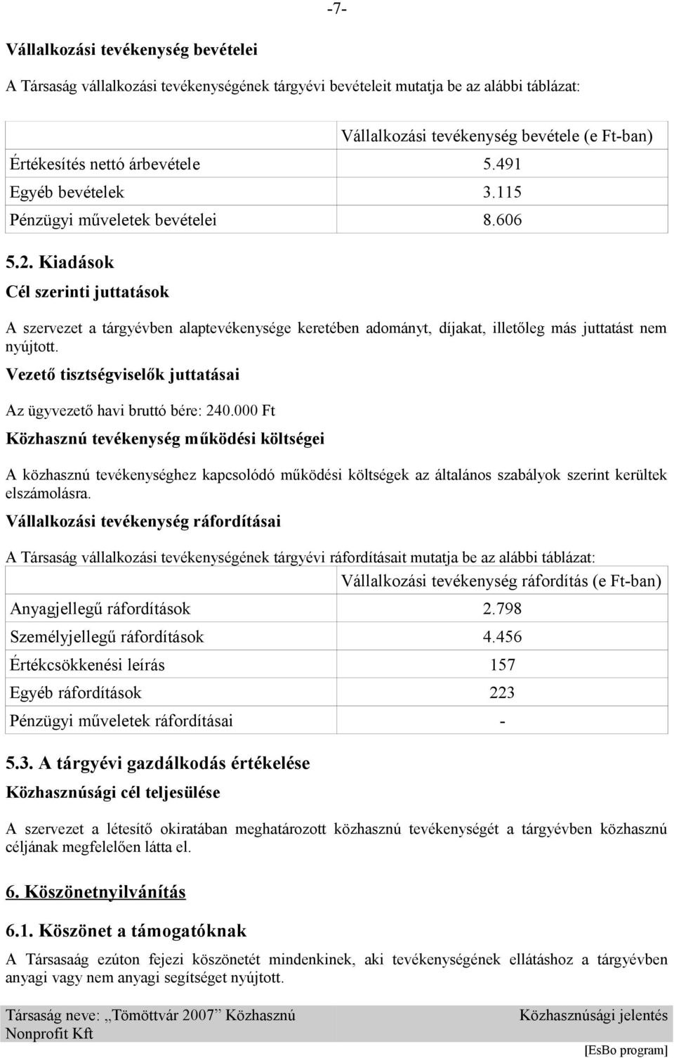 Kiadások Cél szerinti juttatások A szervezet a tárgyévben alaptevékenysége keretében adományt, díjakat, illetőleg más juttatást nem nyújtott.