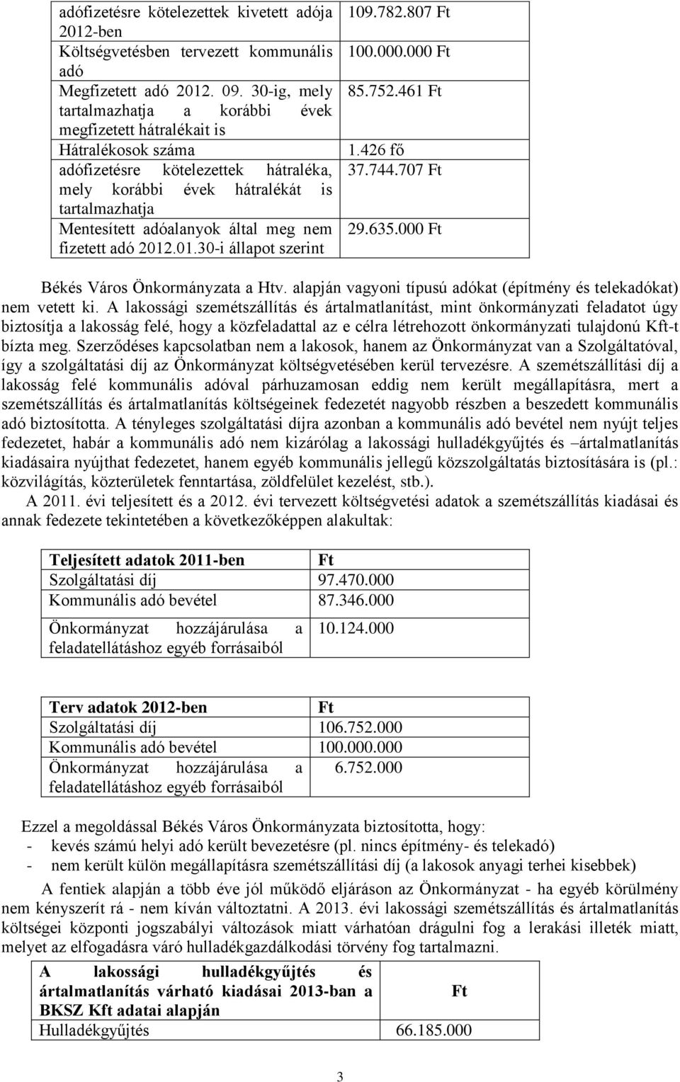 által meg nem fizetett adó 2012.01.30-i állapot szerint 109.782.807 Ft 100.000.000 Ft 85.752.461 Ft 1.426 fő 37.744.707 Ft 29.635.000 Ft Békés Város Önkormányzata a Htv.