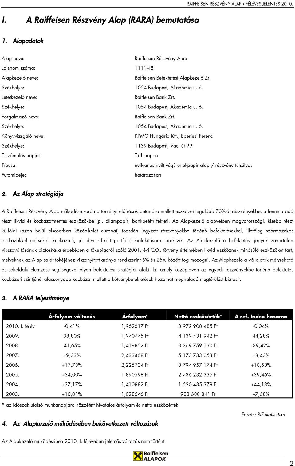 , Eperjesi Ferenc Székhelye: 1139 Budapest, Váci út 99. Elszámolás napja: Típusa: Futamideje: T+1 napon nyilvános nyílt végű értékpapír alap / részvény túlsúlyos határozatlan 2.