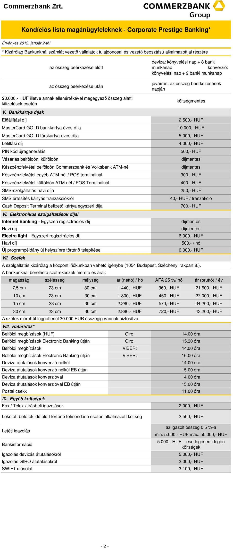 Bankkártya díjak Előállítási díj VI. Elektronikus szolgáltatások díjai VII. Széfek VIII. Határidők* Postai csekk IX.