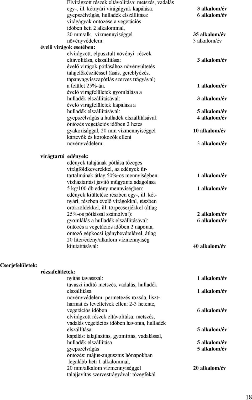 vízmennyiséggel 35 alkalom/év növényvédelem: 3 alkalom/év évelő virágok esetében: elvirágzott, elpusztult növényi részek eltávolítása, elszállítása: 3 alkalom/év évelő virágok pótlásához