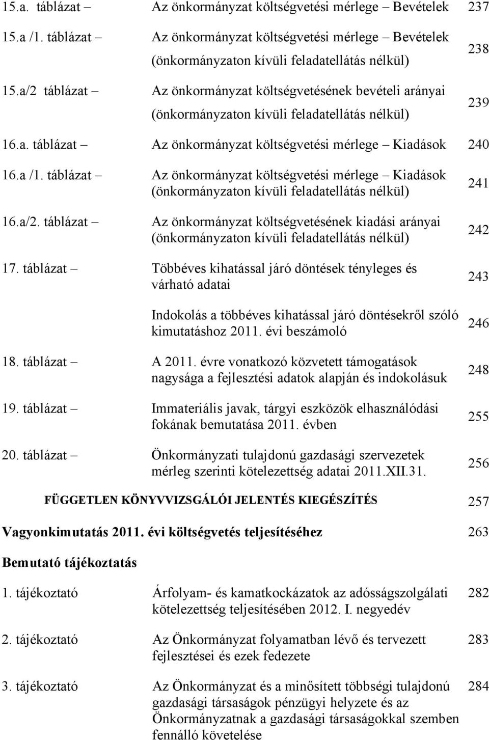 táblázat Az önkormányzat költségvetési mérlege Kiadások (önkormányzaton kívüli feladatellátás nélkül) 241 16.a/2.