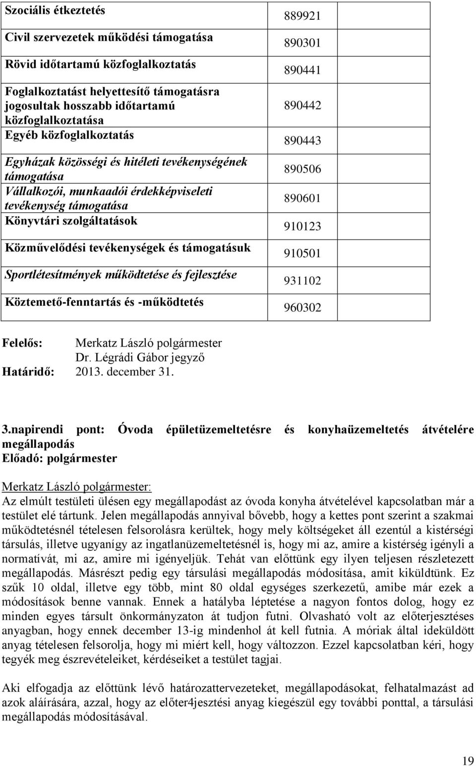 támogatásuk Sportlétesítmények működtetése és fejlesztése Köztemető-fenntartás és -működtetés 889921 890301 890441 890442 890443 890506 890601 910123 910501 931102 960302 Felelős: Merkatz László