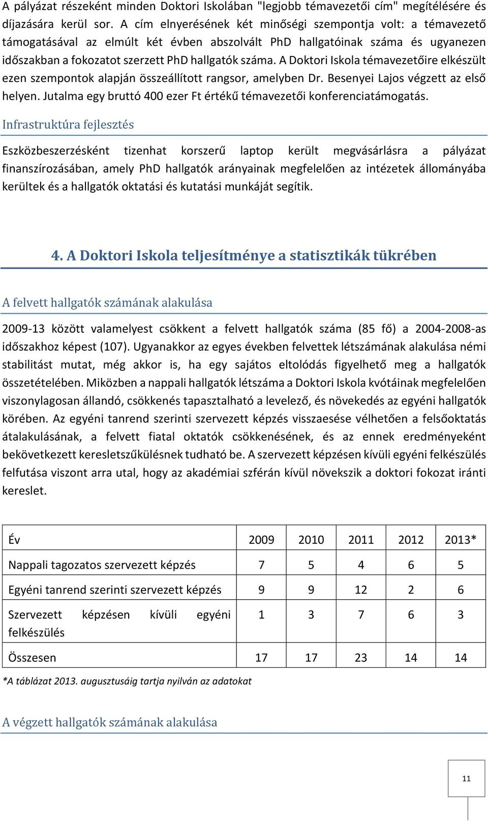 A Doktori Iskola témavezetőire elkészült ezen szempontok alapján összeállított rangsor, amelyben Dr. Besenyei Lajos végzett az első helyen.