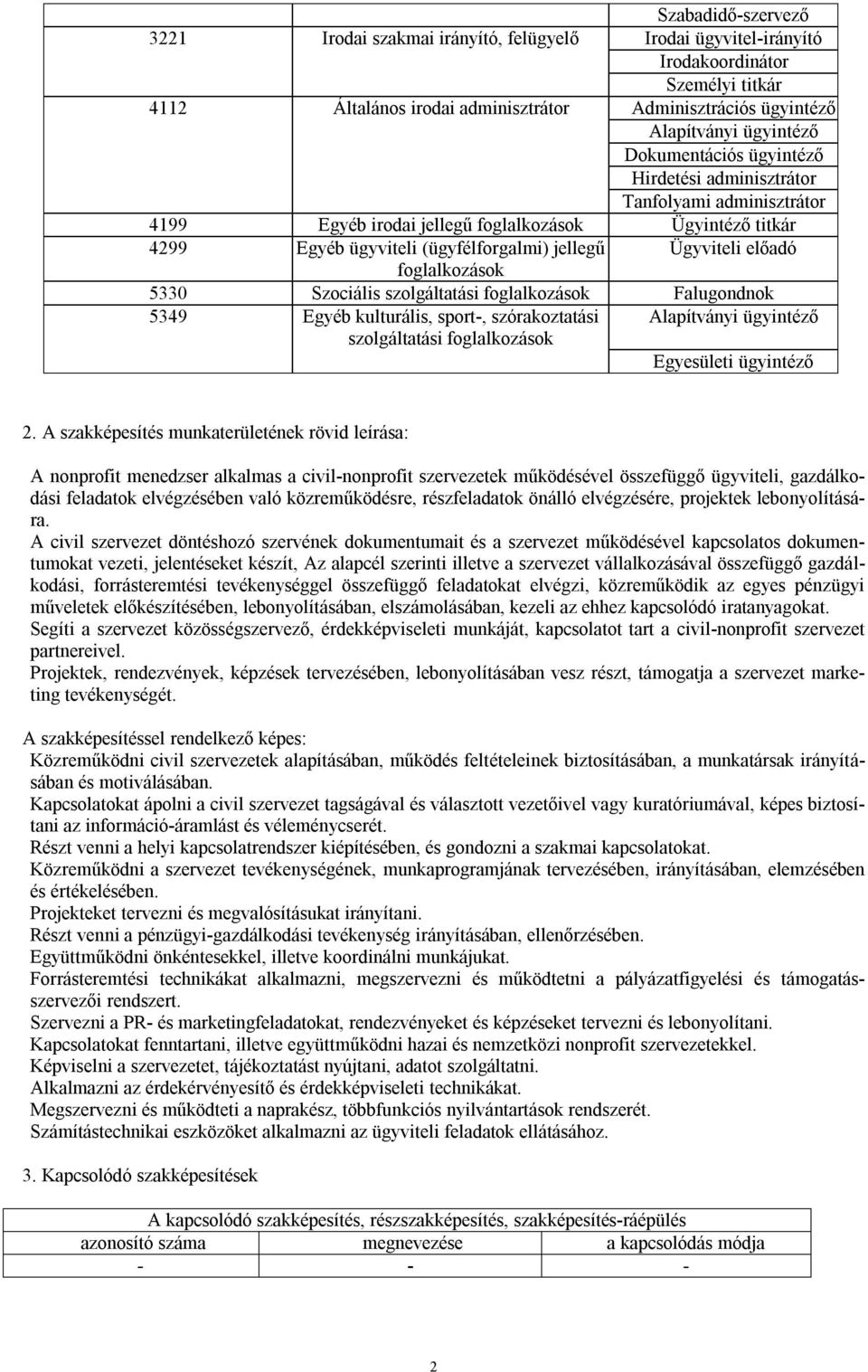 előadó foglalkozások 5330 Szociális szolgáltatási foglalkozások Falugondnok 5349 Egyéb kulturális, sport-, szórakoztatási szolgáltatási foglalkozások Alapítványi ügyintéző Egyesületi ügyintéző 2.