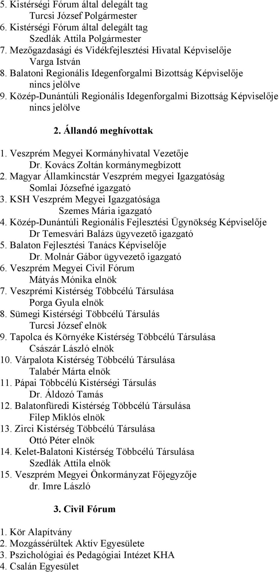 Közép-Dunántúli Regionális Idegenforgalmi Bizottság Képviselője nincs jelölve 2. Állandó meghívottak 1. Veszprém Megyei Kormányhivatal Vezetője Dr. Kovács Zoltán kormánymegbízott 2.