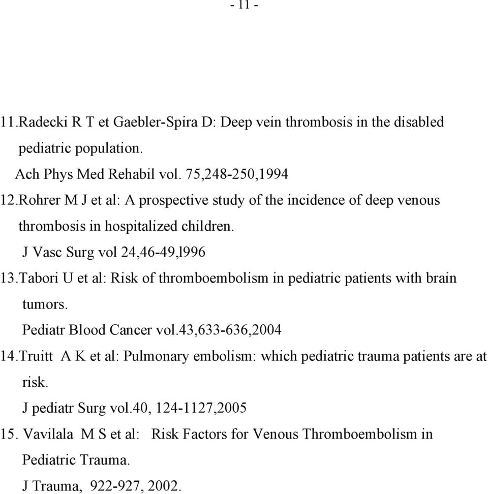 Tabori U et al: Risk of thromboembolism in pediatric patients with brain tumors. Pediatr Blood Cancer vol.43,633-636,2004 14.