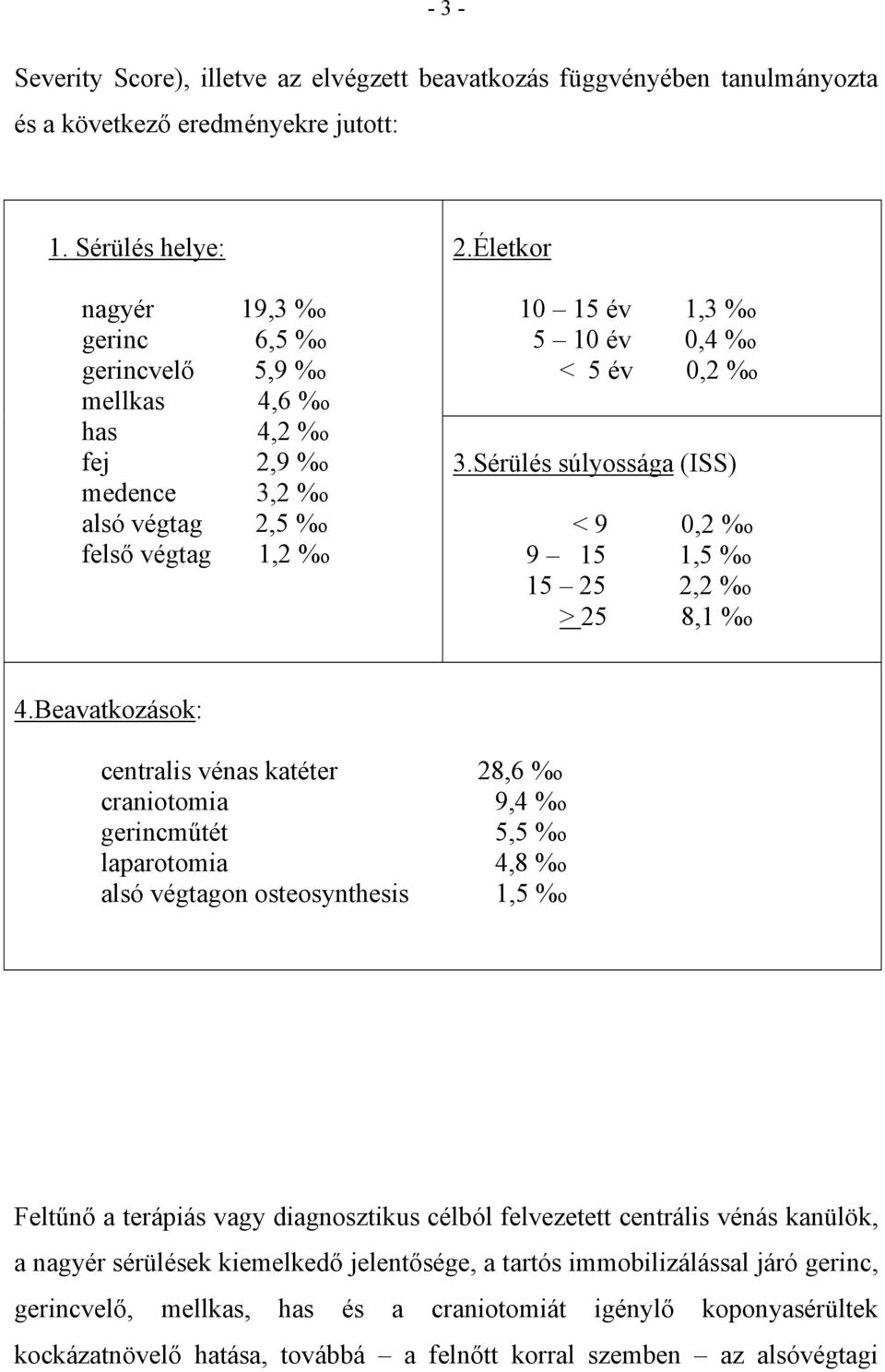 Életkor 10 15 év 1,3 %o 5 10 év 0,4 %o < 5 év 0,2 %o 3.Sérülés súlyossága (ISS) < 9 0,2 %o 9 15 1,5 %o 15 25 2,2 %o > 25 8,1 %o 4.