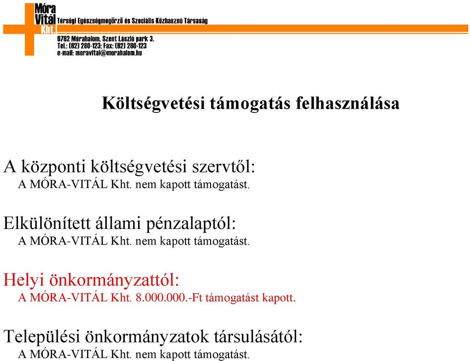 nem kapott támogatást. Helyi önkormányzattól: A MÓRA-VITÁL Kht. 8.000.