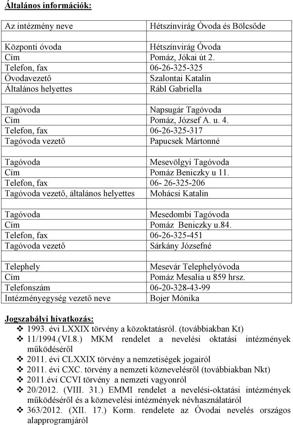 Telefon, fax 06-26-325-317 Tagóvoda vezetı Papucsek Mártonné Tagóvoda Mesevölgyi Tagóvoda Cím Pomáz Beniczky u 11.