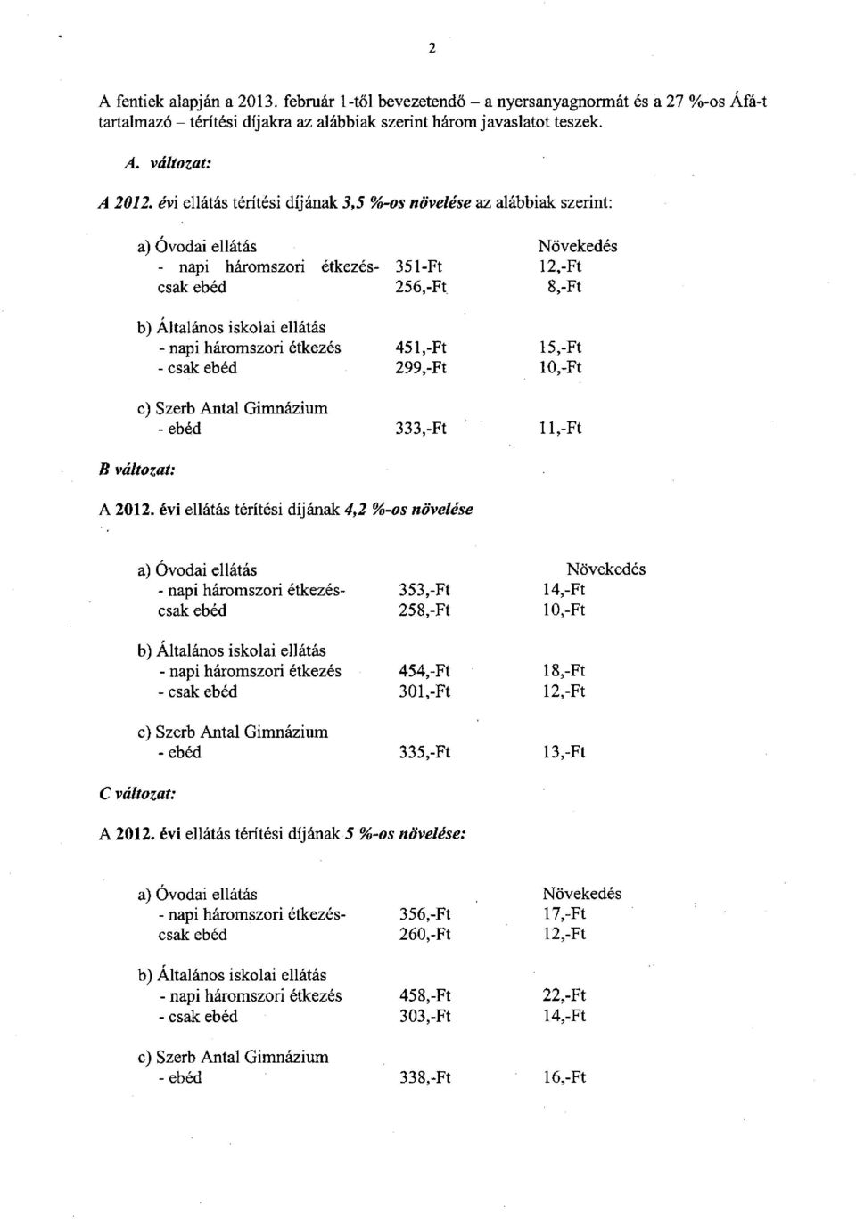 451,-Ft - csak ebéd 299,-Ft - ebéd 333,-Ft Növekedés 12,-Ft 8,-Ft 15,-Ft 10,-Ft 11,-Ft B változat: A 2012.