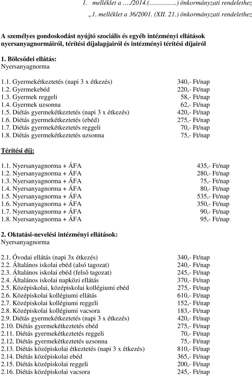 Bölcsıdei ellátás: Nyersanyagnorma 1.1. Gyermekétkeztetés (napi 3 x étkezés) 340,- Ft/nap 1.2. Gyermekebéd 220,- Ft/nap 1.3. Gyermek reggeli 58