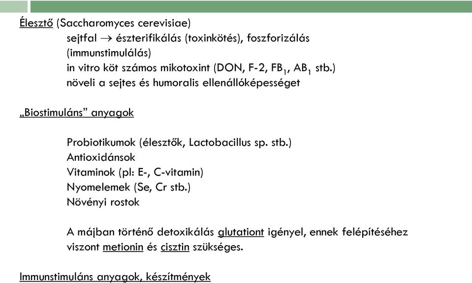 ) növeli a sejtes és humoralis ellenállóképességet Biostimuláns anyagok Probiotikumok (élesztők, Lactobacillus sp. stb.