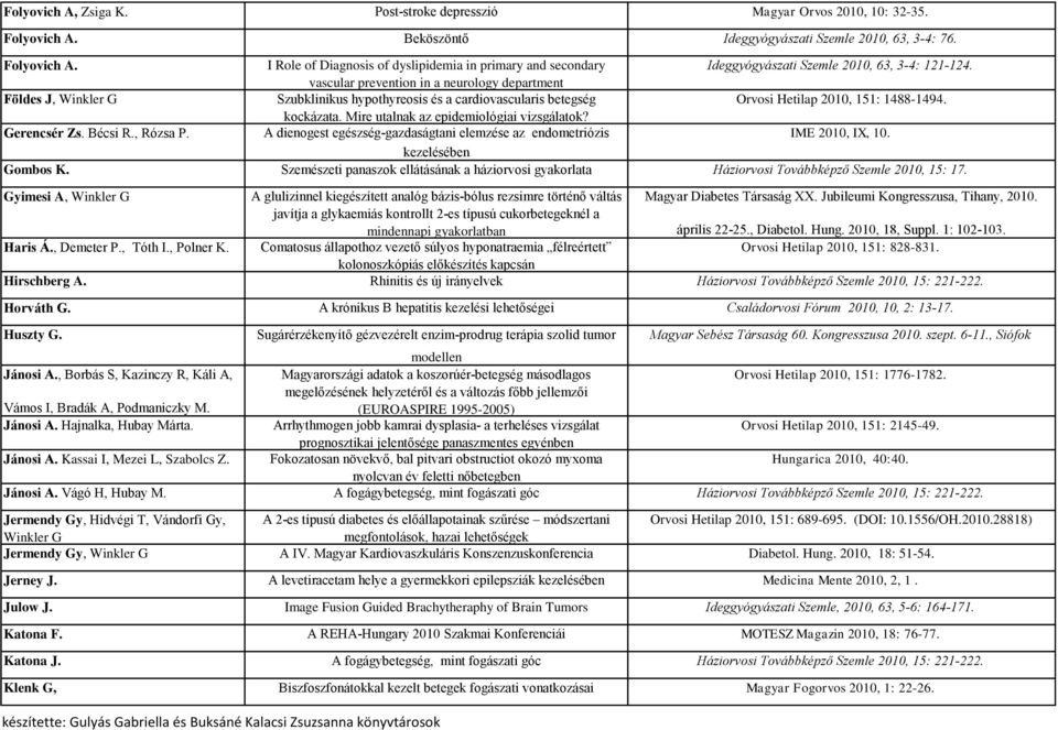 Mire utalnak az epidemiológiai vizsgálatok? Gerencsér Zs. Bécsi R., Rózsa P. A dienogest egészség-gazdaságtani elemzése az endometriózis IME 2010, IX, 10. kezelésében Gombos K.