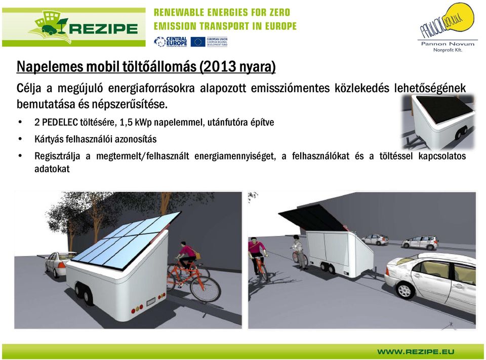 2 PEDELEC töltésére, 1,5 kwp napelemmel, utánfutóra építve Kártyás felhasználói