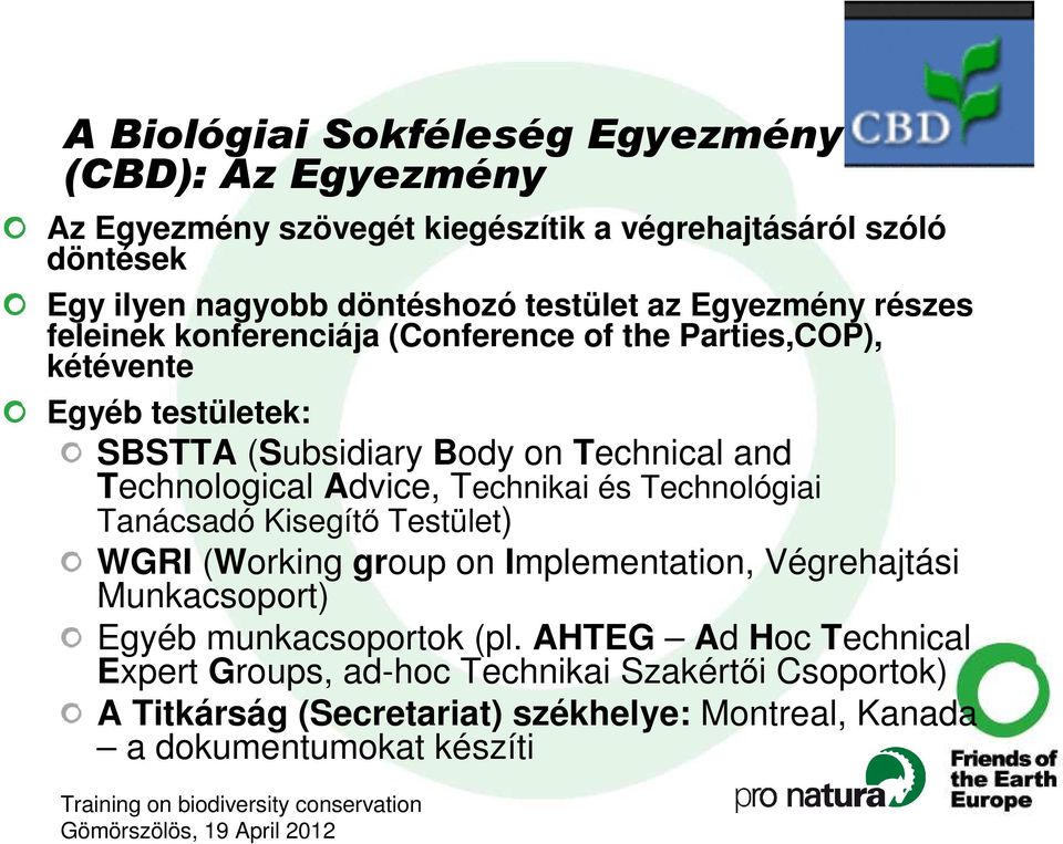 Technological Advice, Technikai és Technológiai Tanácsadó Kisegítı Testület) WGRI (Working group on Implementation, Végrehajtási Munkacsoport) Egyéb