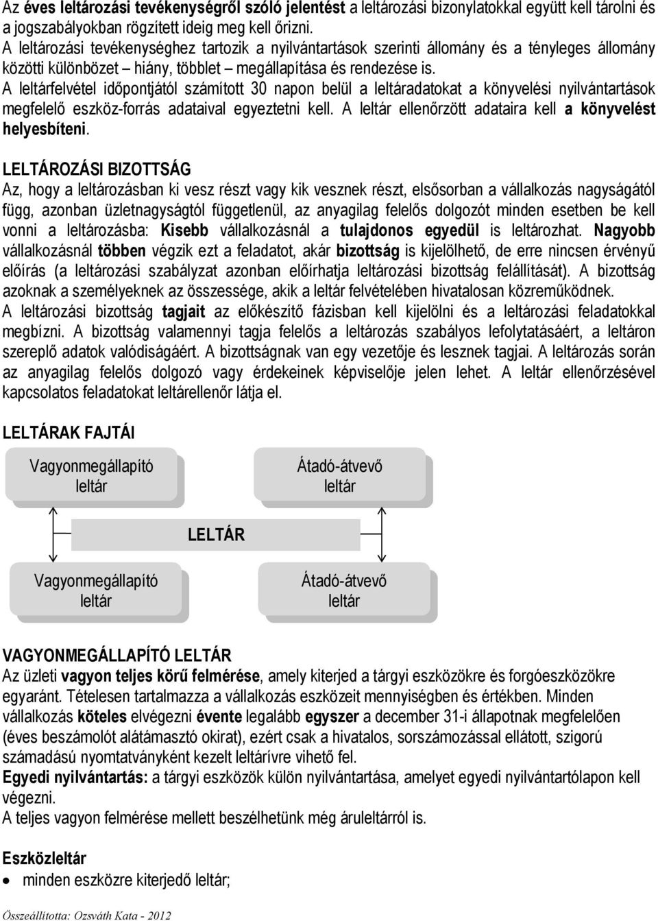 A leltárfelvétel idıpontjától számított 30 napon belül a leltáradatokat a könyvelési nyilvántartások megfelelı eszköz-forrás adataival egyeztetni kell.