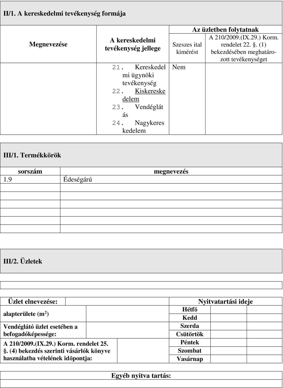 Termékkörök sorszám 1.9 Édeségárú megnevezés III/2. Üzletek Üzlet elnevezése: alapterülete (m 2 ) Vendéglátó üzlet esetében a befogadóképessége: A 210/2009.(IX.29.