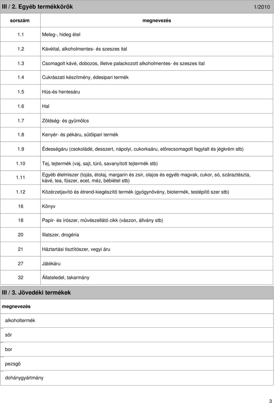 8 Zöldség- és gyümölcs Kenyér- és pékáru, sütõipari termék 1.10 1.11 1.