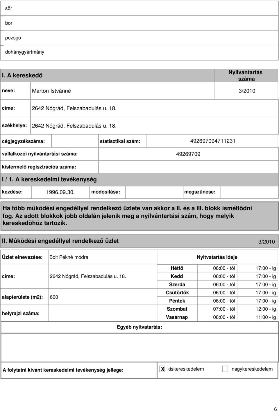 Mûködési engedéllyel rendelkezõ üzlet 3/2010 Bolt Pékné módra címe: 2642 Nógrád, Felszabadulás u. 18.