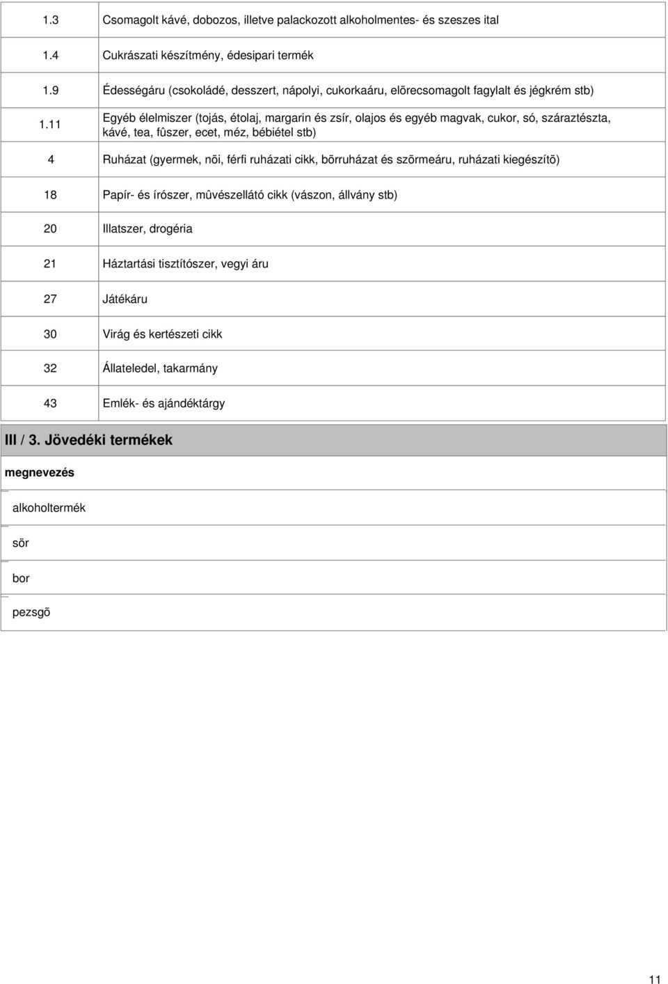 só, száraztészta, kávé, tea, fûszer, ecet, méz, bébiétel stb) Ruházat (gyermek, nõi, férfi ruházati cikk, bõrruházat és szõrmeáru, ruházati kiegészítõ) 18 0 Papír- és írószer,